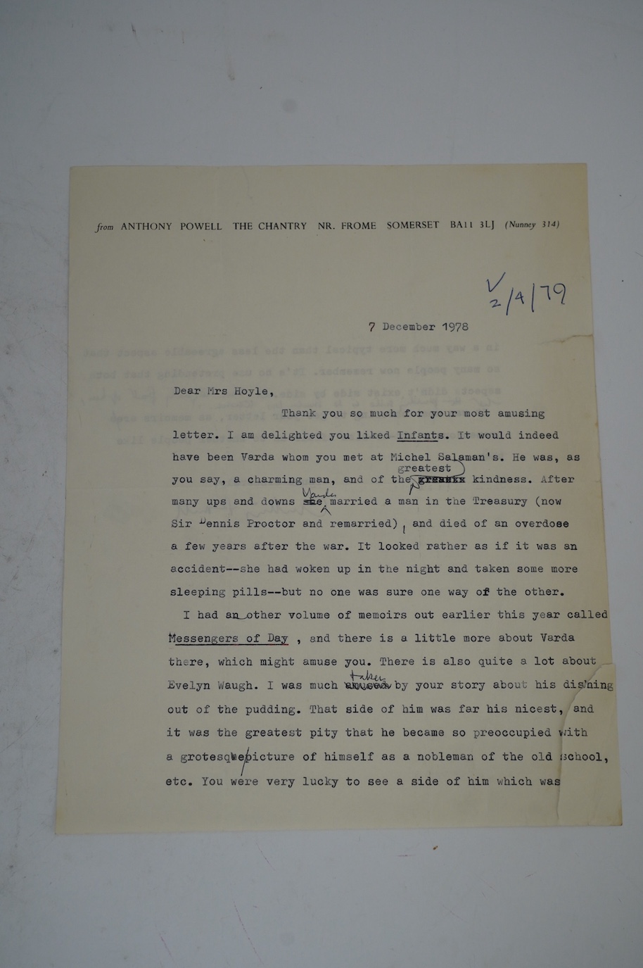 Anthony Powell (1905-2000). Typed letter with handwritten amendments and full signature, to a Mrs Hoyle, 7 December 1978. Discusses Infants of the Spring (1976), Messengers of Day (1978)